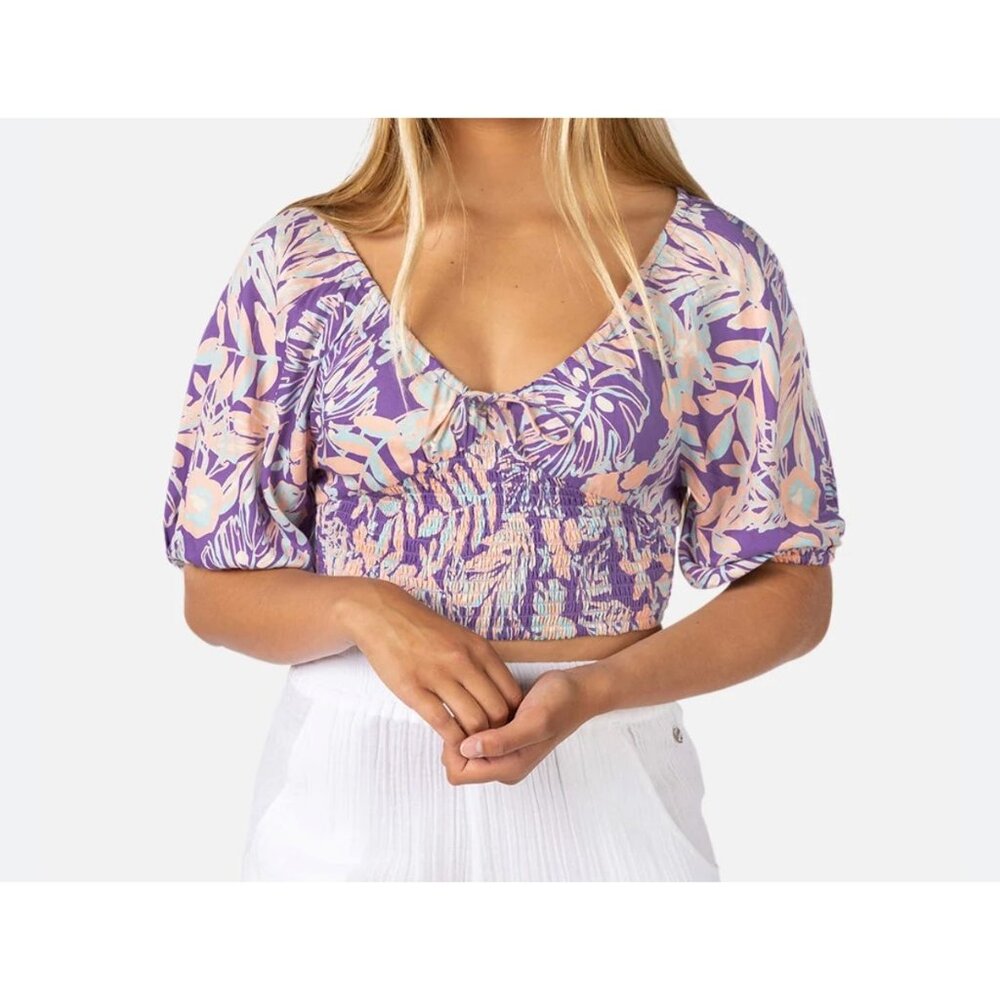 Rip Curl Womens Small  EcoVero Purple Floral Smocked Crop Top With Puff Sleeves